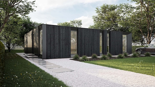 Skilpod #90 — houtskeletbouw bungalow woning met 2 slaapkamers, modern design met zwart hout