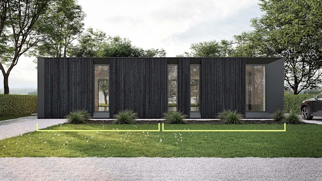 Skilpod #90 — houtskeletbouw bungalow woning met 2 slaapkamers, modern design met zwart hout