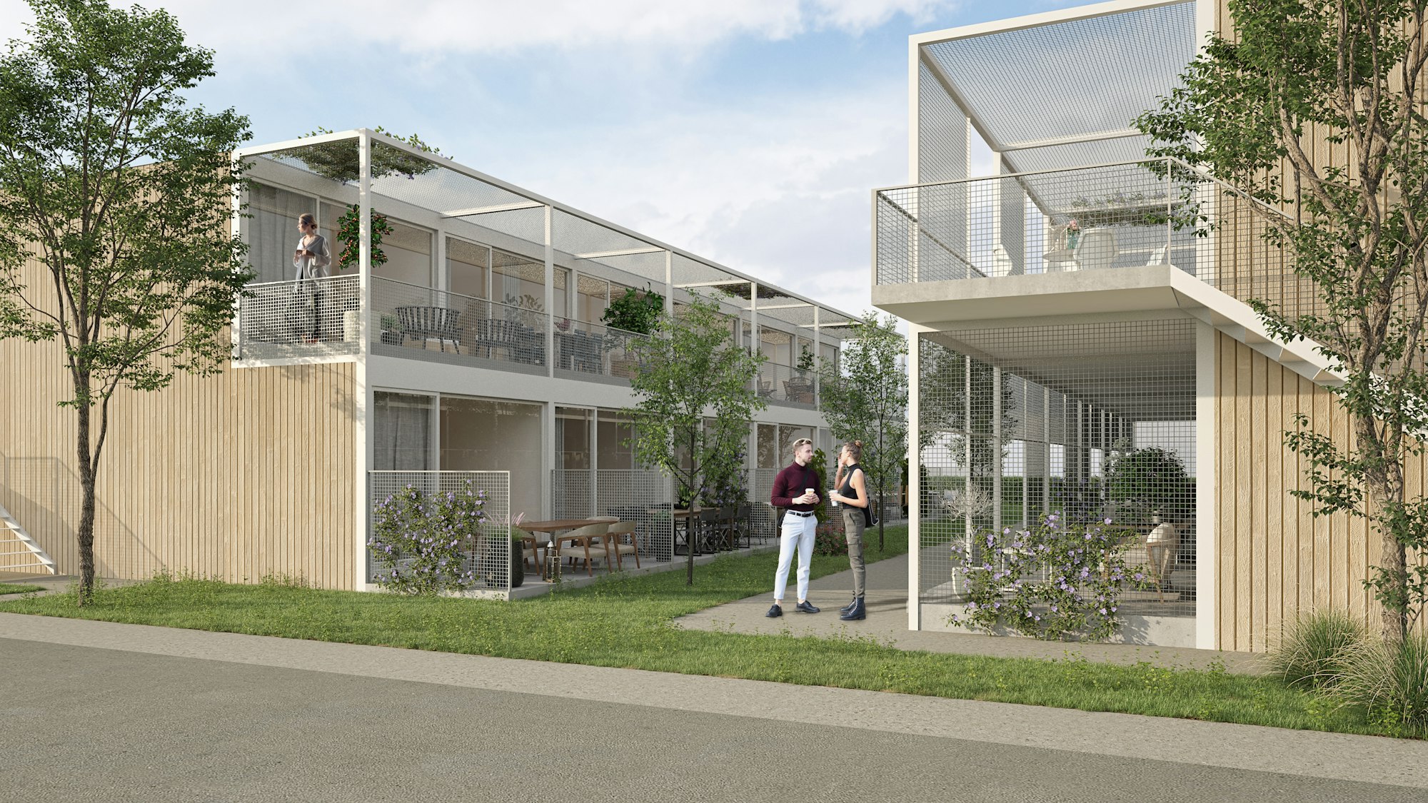 Skilpod modulaire houtskeletbouw appartementen houten exterieur met gaanderij