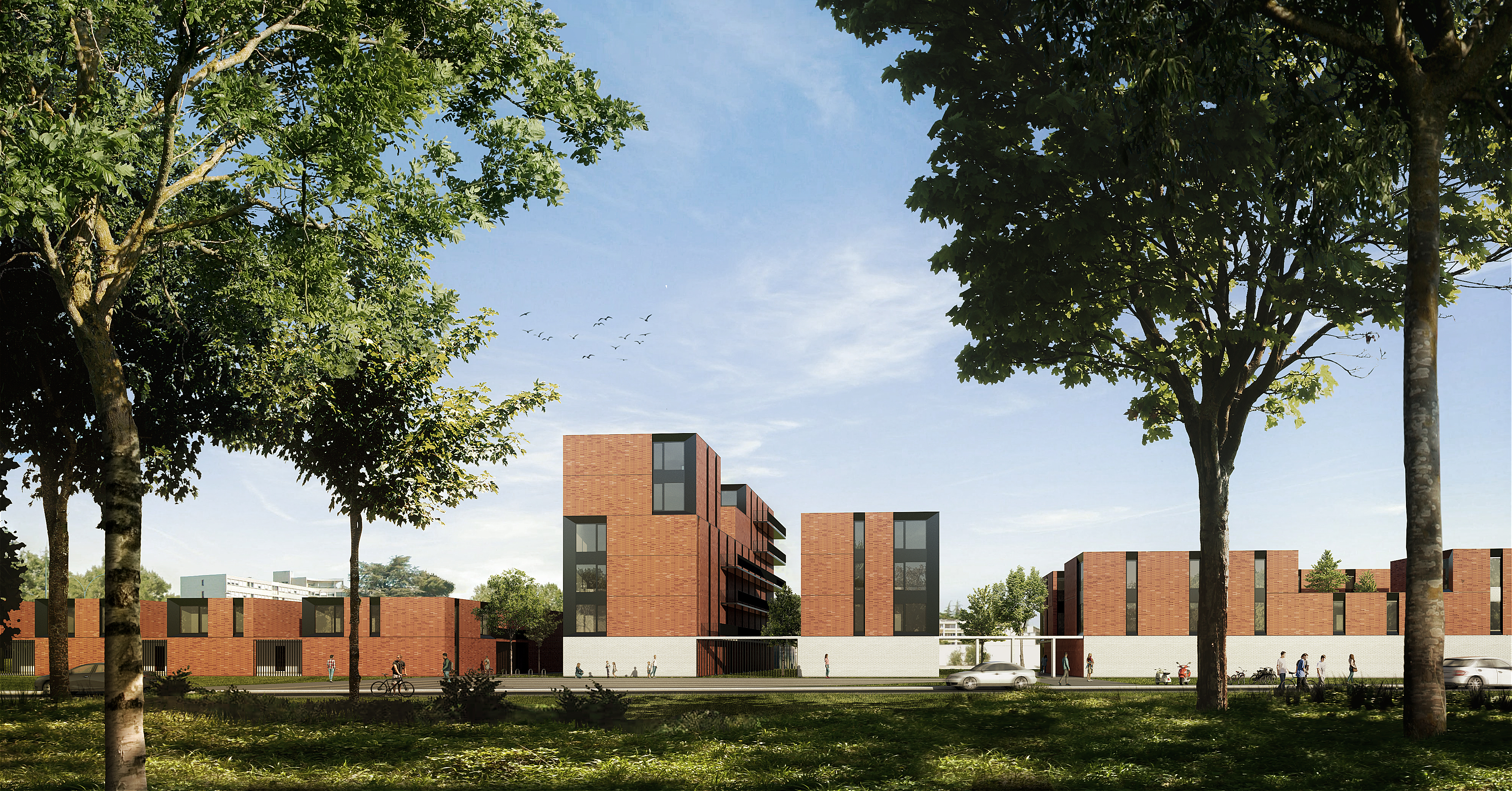 Skilpod modulaire houtskeletbouw appartementen rode steen exterieur, meerdere appartementsblokken