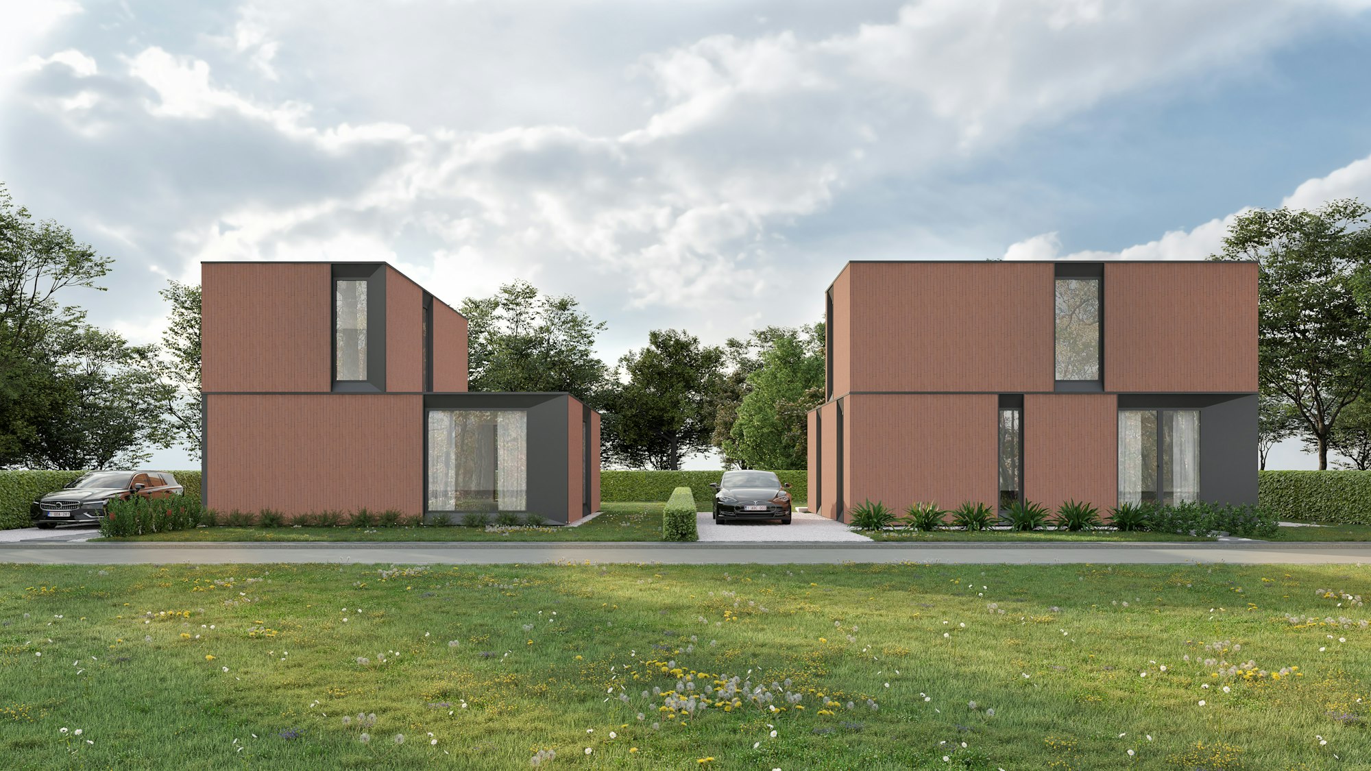 Prefab houtskeletbouw woning #135 van Skilpod in rode steen, verschillende plaatsingen