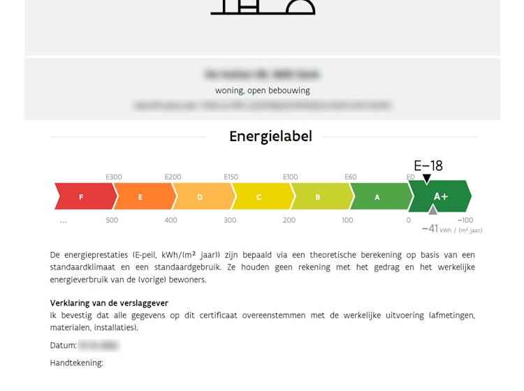 Voorbeeld van een EPC Bouw certificaat met negatief e-peil