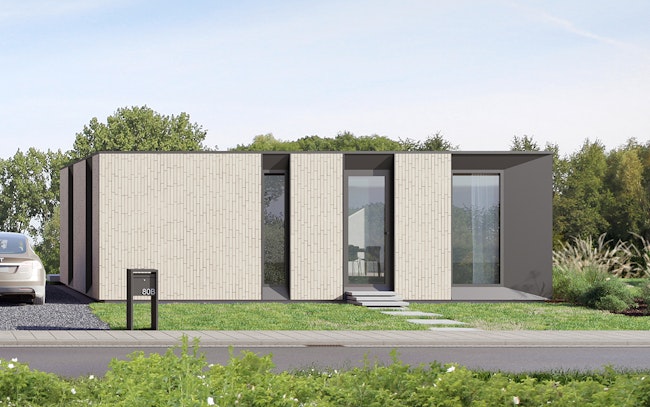 Skilpod #80 — houtskeletbouw bungalow woning met 2 slaapkamers, modern design met witte steen