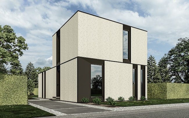 Skilpod #130 — houtskeletbouw woning met 4 slaapkamers, modern design met witte steen