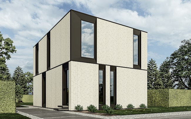 Skilpod #140 — houtskeletbouw woning met 3 slaapkamers, modern design met witte steen