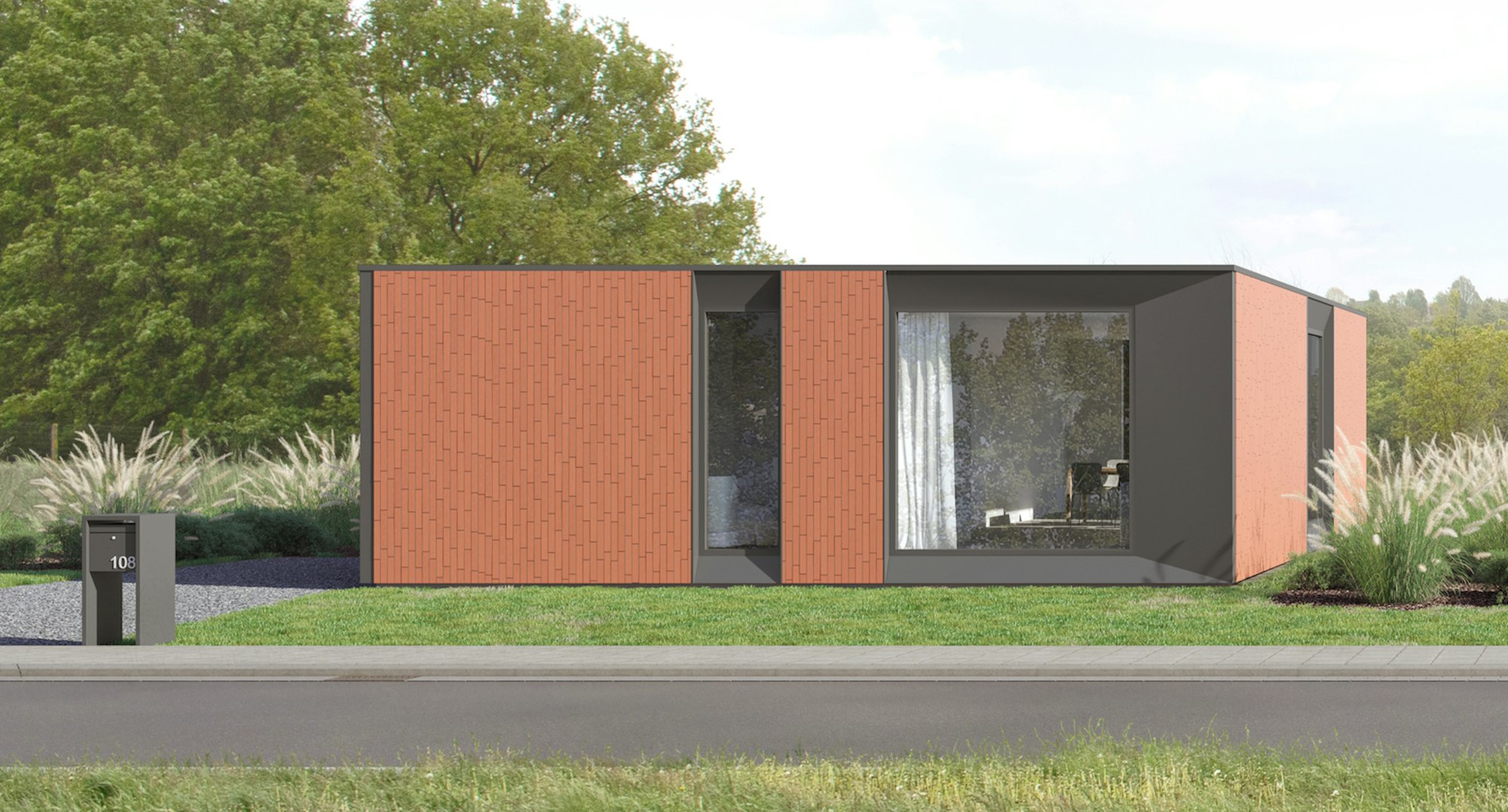 Skilpod #108 — houtskeletbouw bungalow woning met 2 slaapkamers, modern design met rode steen