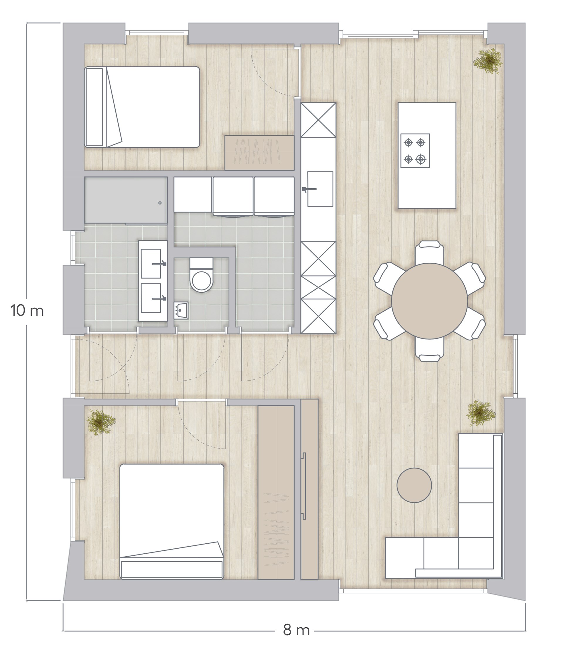 Plan Skilpod #80, 2 slaapkamers gelijkvloers bungalow woning