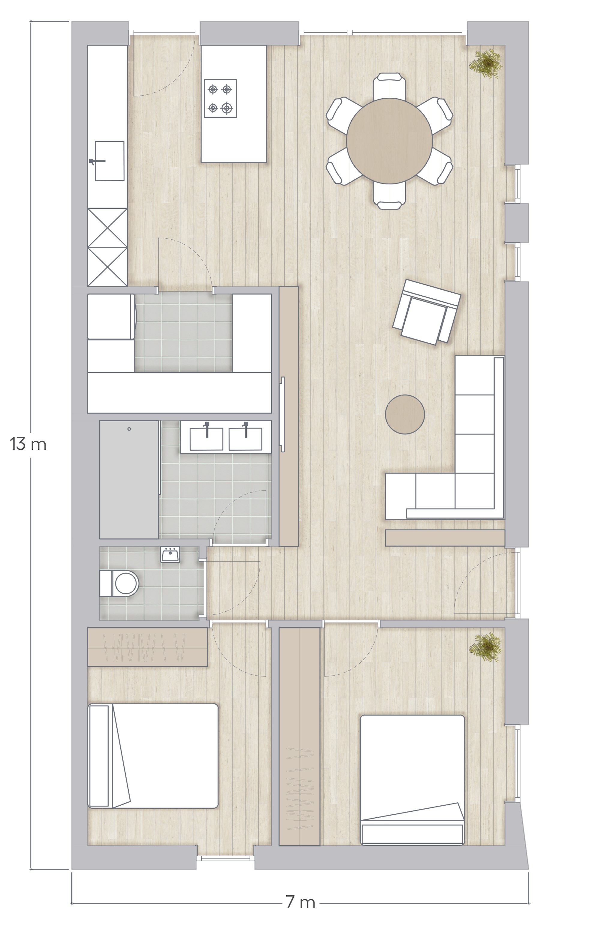 Plan Skilpod #90, 2 slaapkamers gelijkvloers bungalow woning