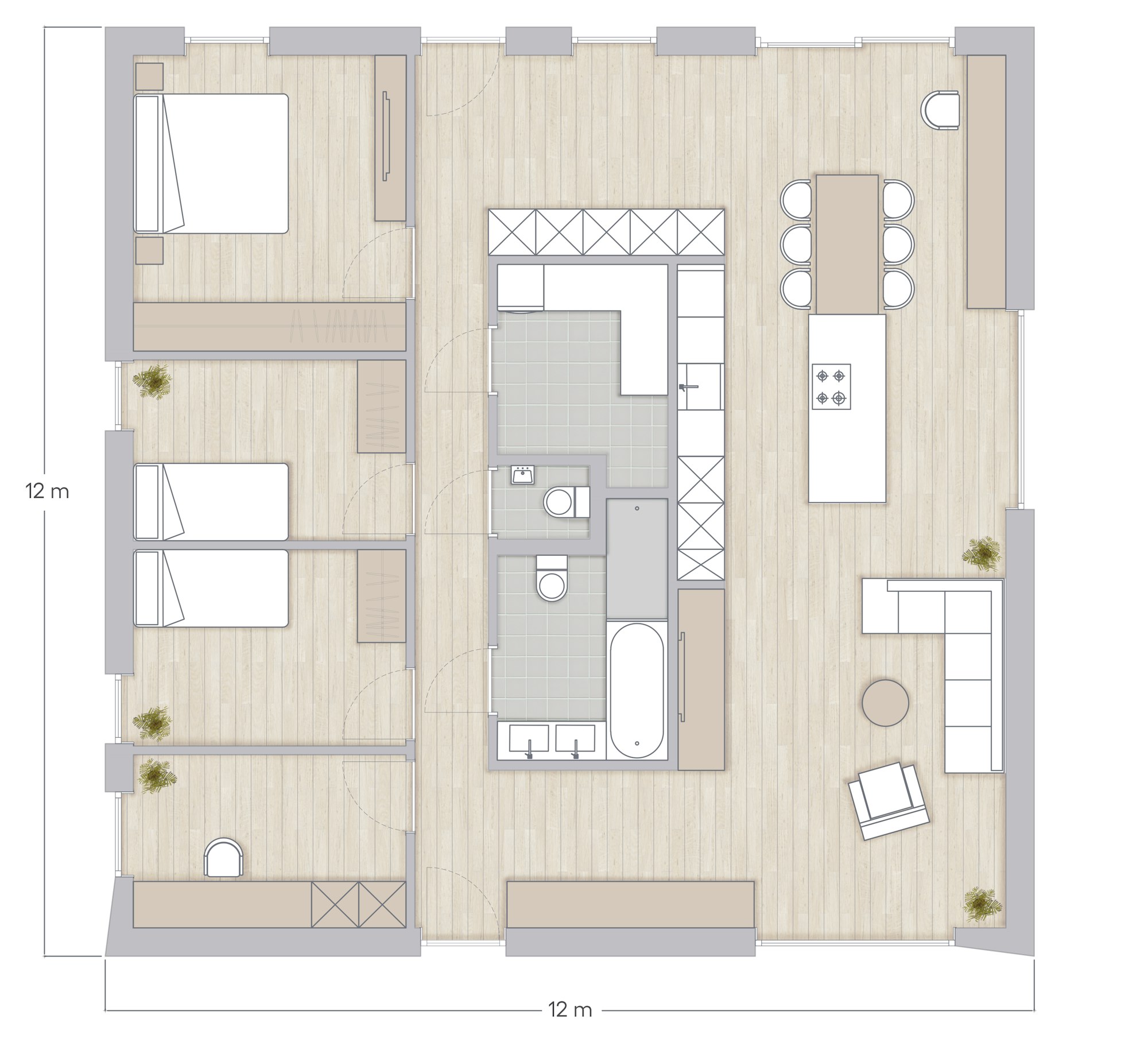 Plan Skilpod #144, 4 slaapkamers gelijkvloers bungalow woning
