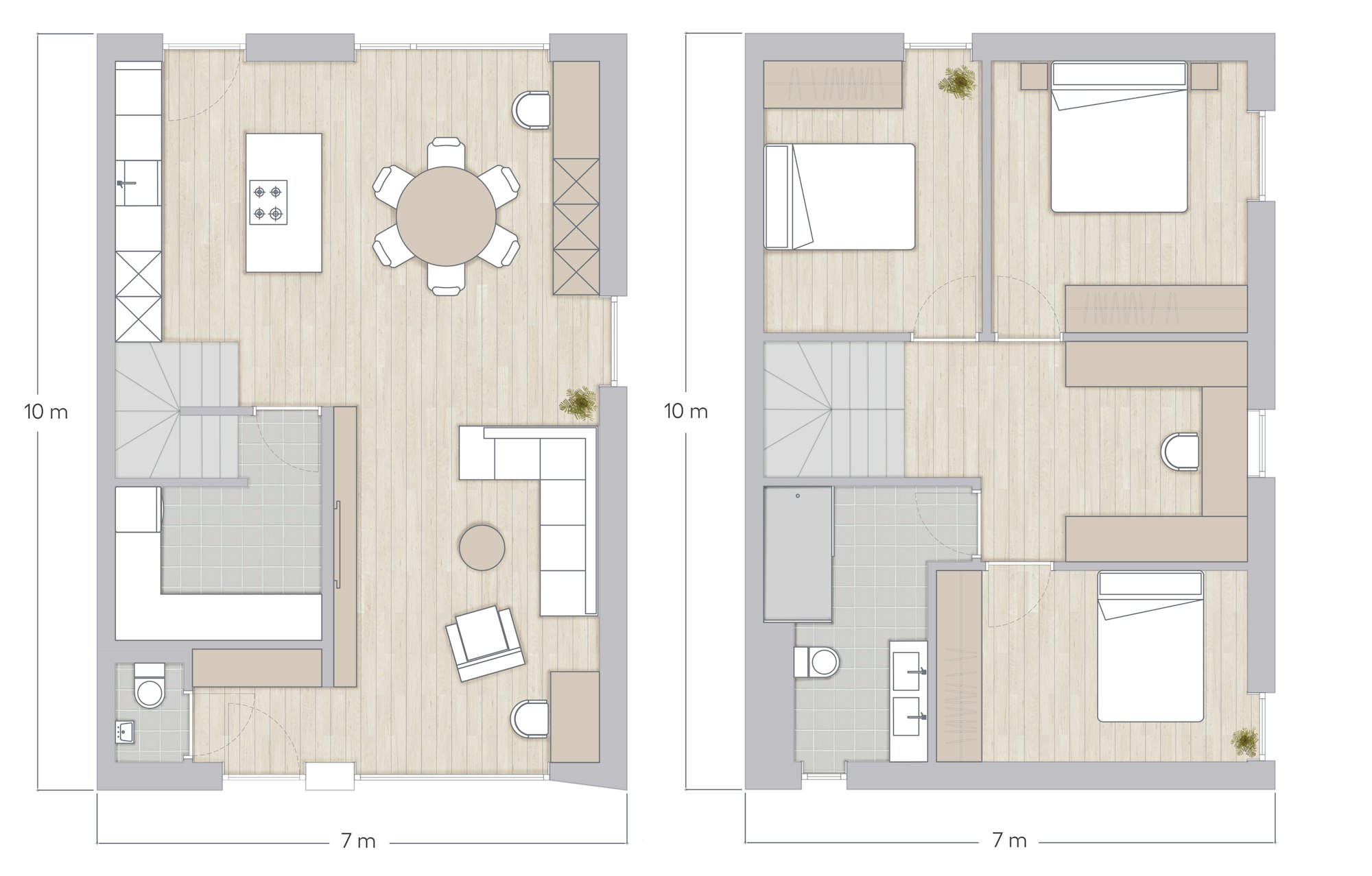 Plan Skilpod #140, woning met 3 slaapkamers over twee verdiepingen