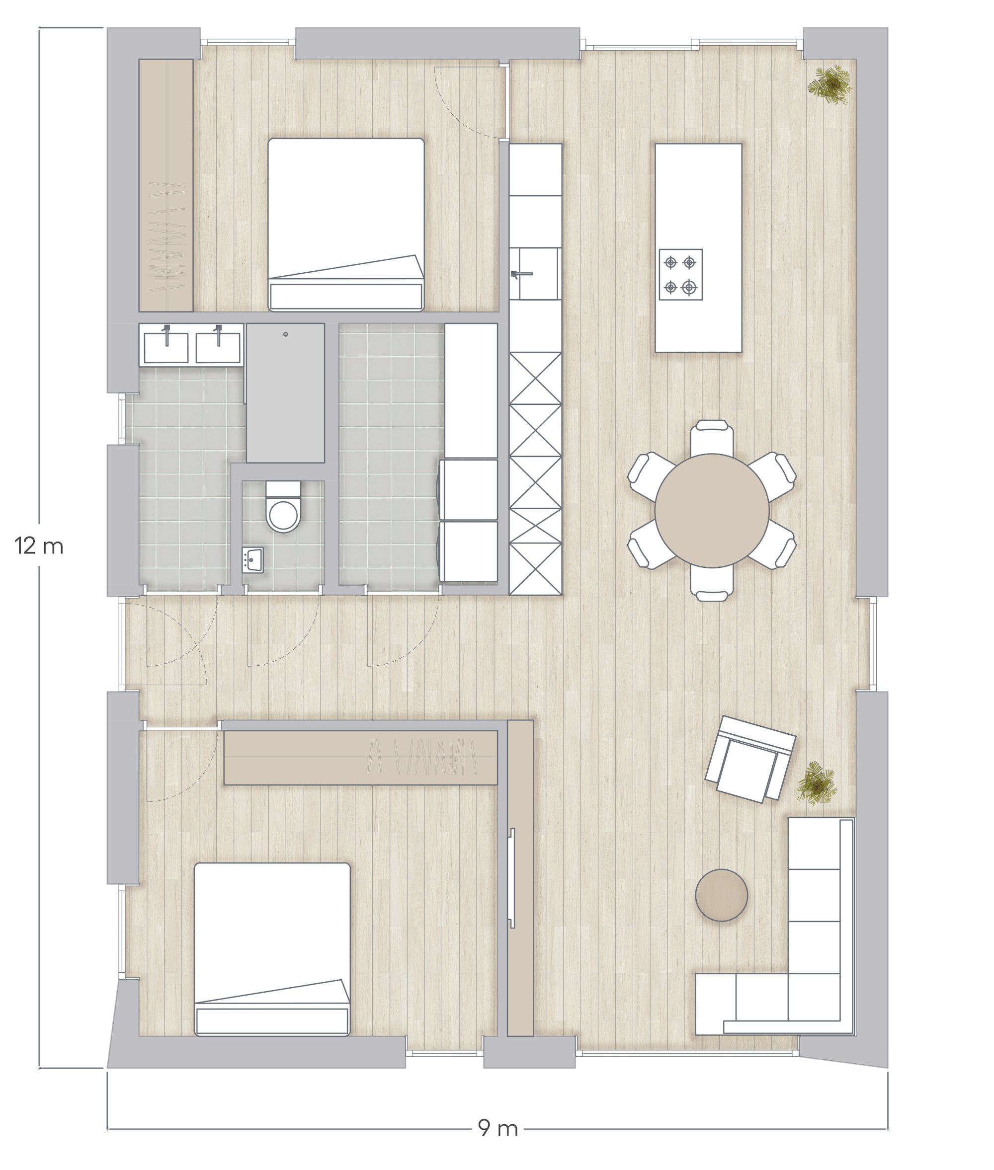 Plan Skilpod #108, 2 slaapkamers gelijkvloers bungalow woning