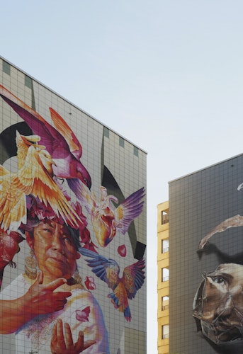 Mural of a woman with colorful birds on the side of a building