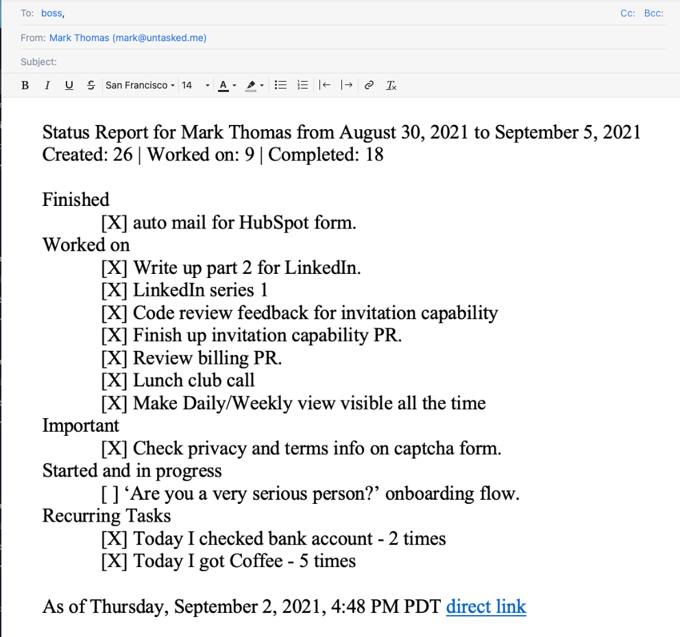 sample status report in email