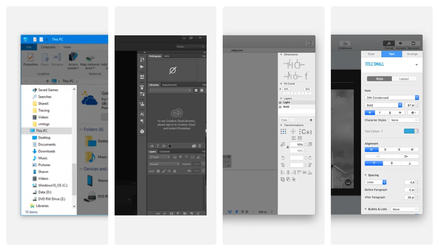 Windows Explorer, Photoshop, Glyphs and Keynote all use panels in their interface.