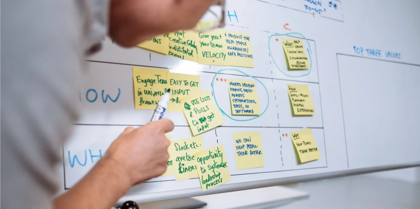 Yummygum co-founder Vince drawing on a whiteboard as part of a Brand Sprint