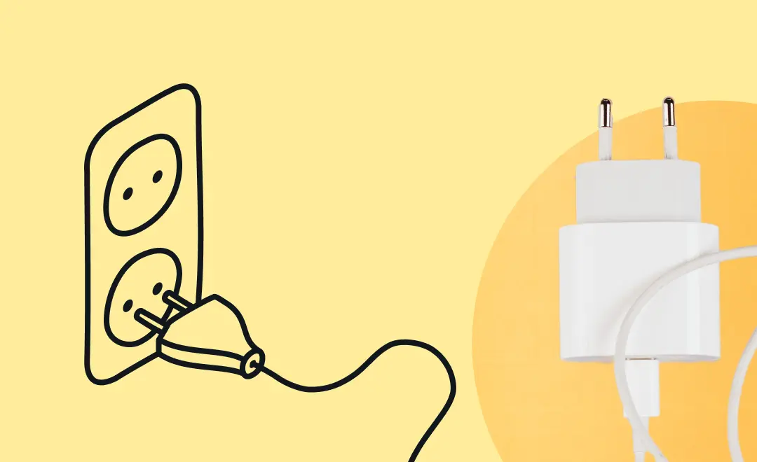 illustration of a power plug and powersocket combined with a photo of a charger plug