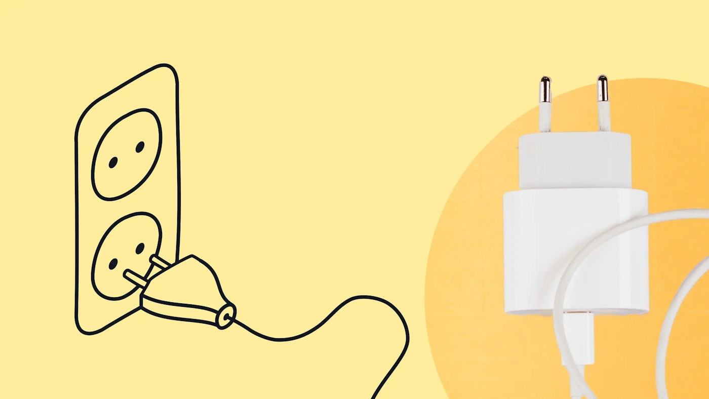 illustration of a power plug and powersocket combined with a photo of a charger plug