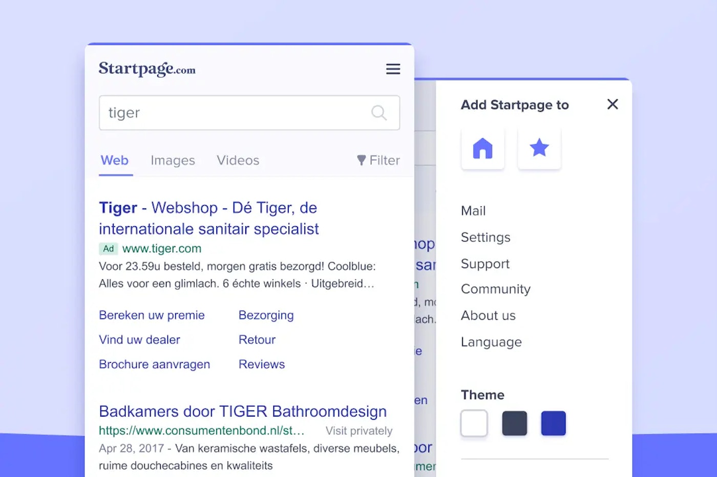 Startpage mobile screens