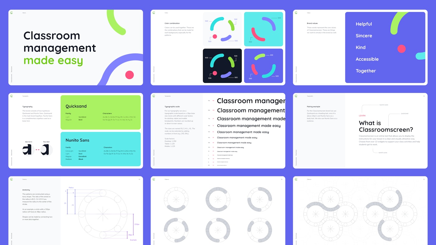 grid view of pages from the brand book Yummygum created for Classroomscreen