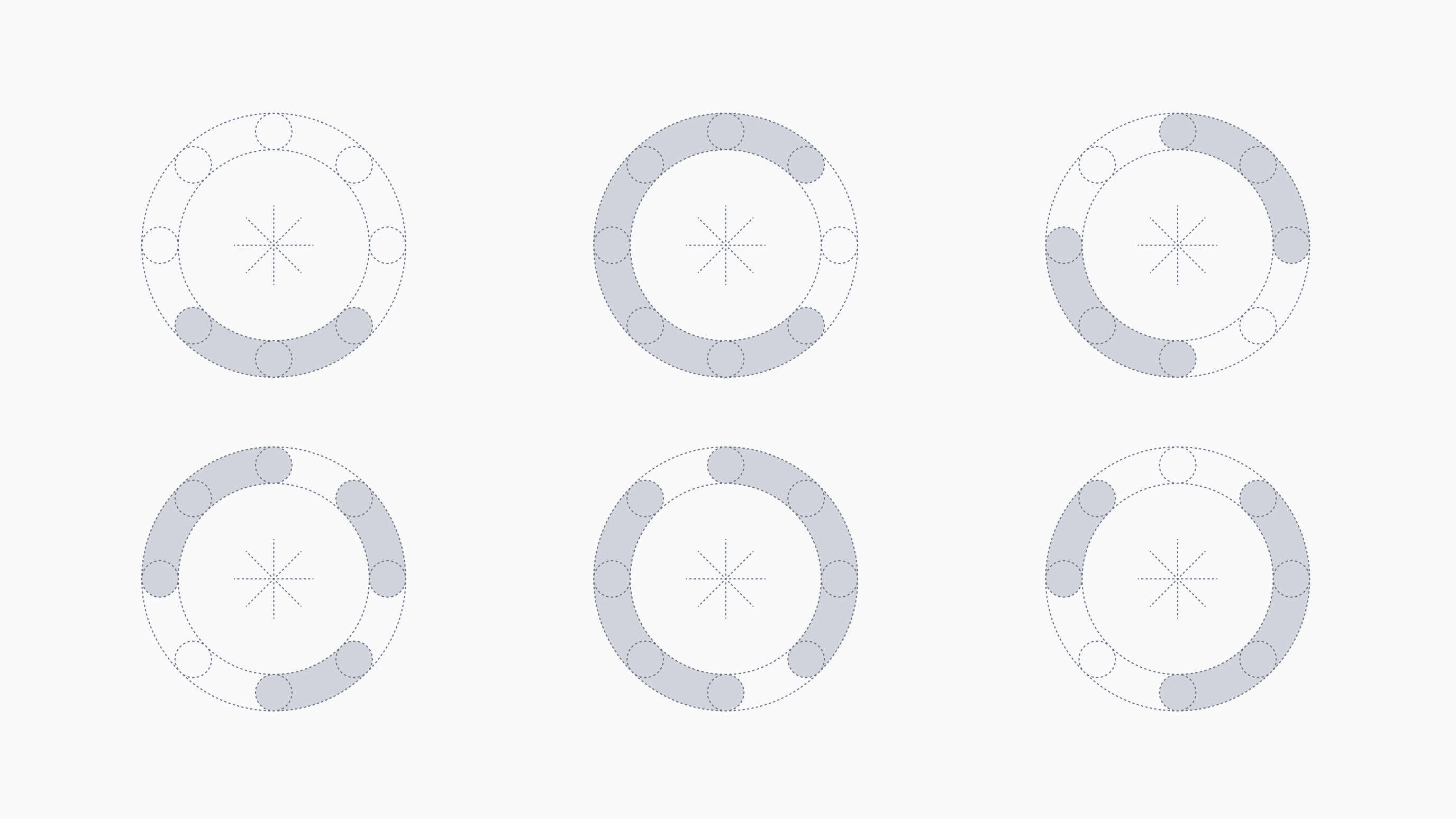 six shape variations made up of partly filled circular patterns Yummygum created for Classroomscreen 