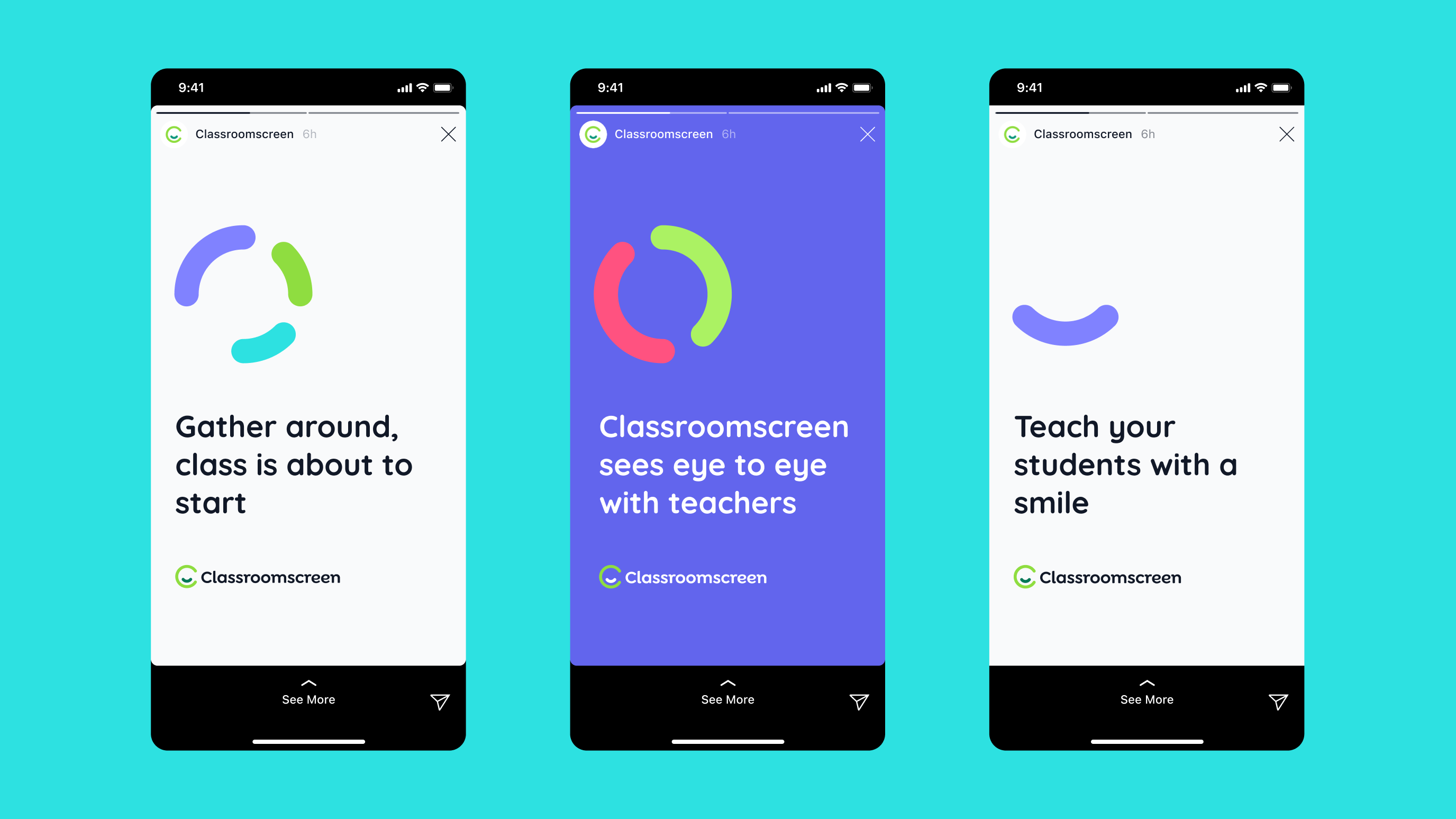 three mobile phone shaped images that each show an Instagram story-like interface with a social post design for Classroomscreen