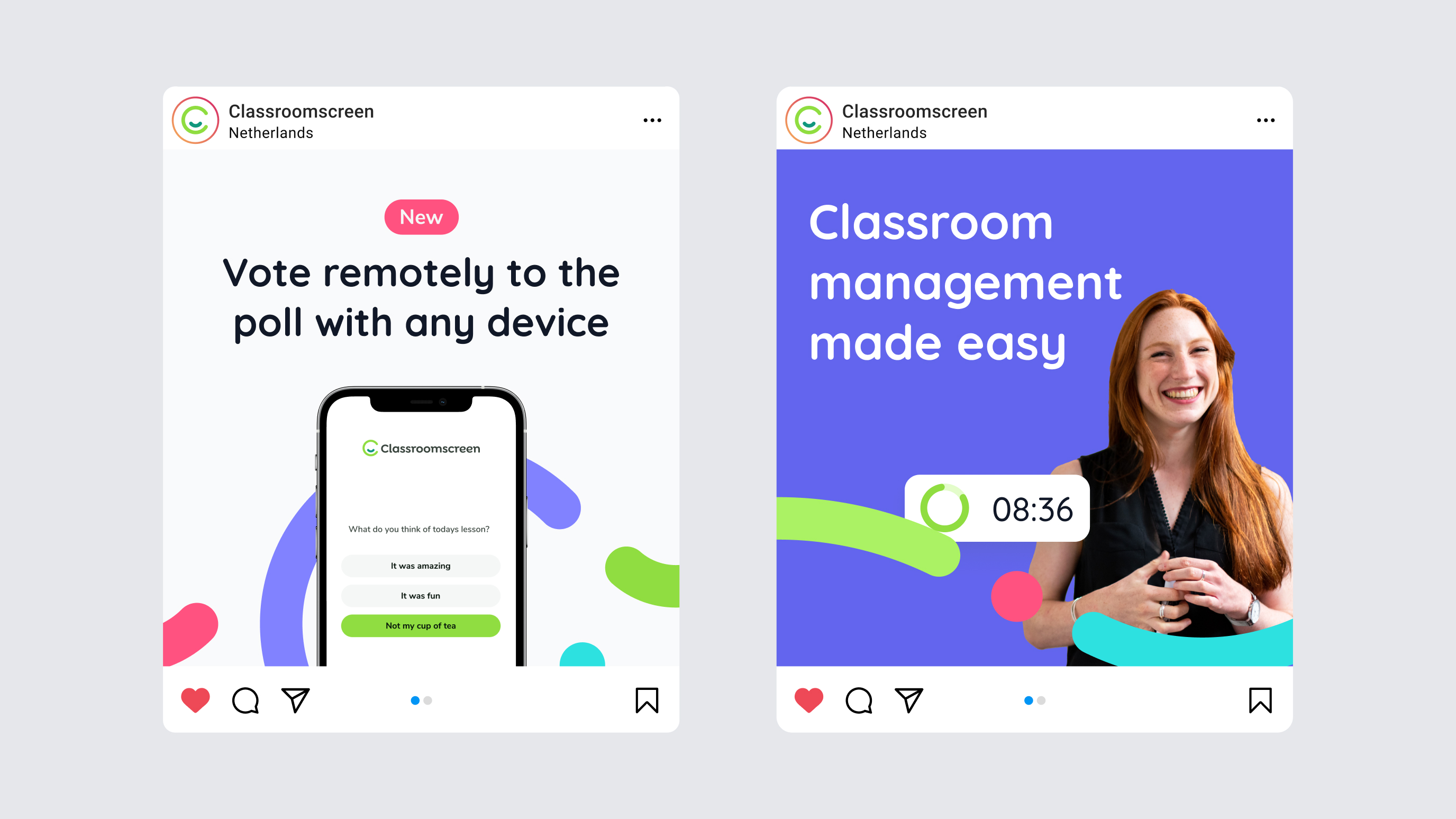 two cards showing an instagram post-like interface with each an ad like post design that matches the new Classroomscreen brand