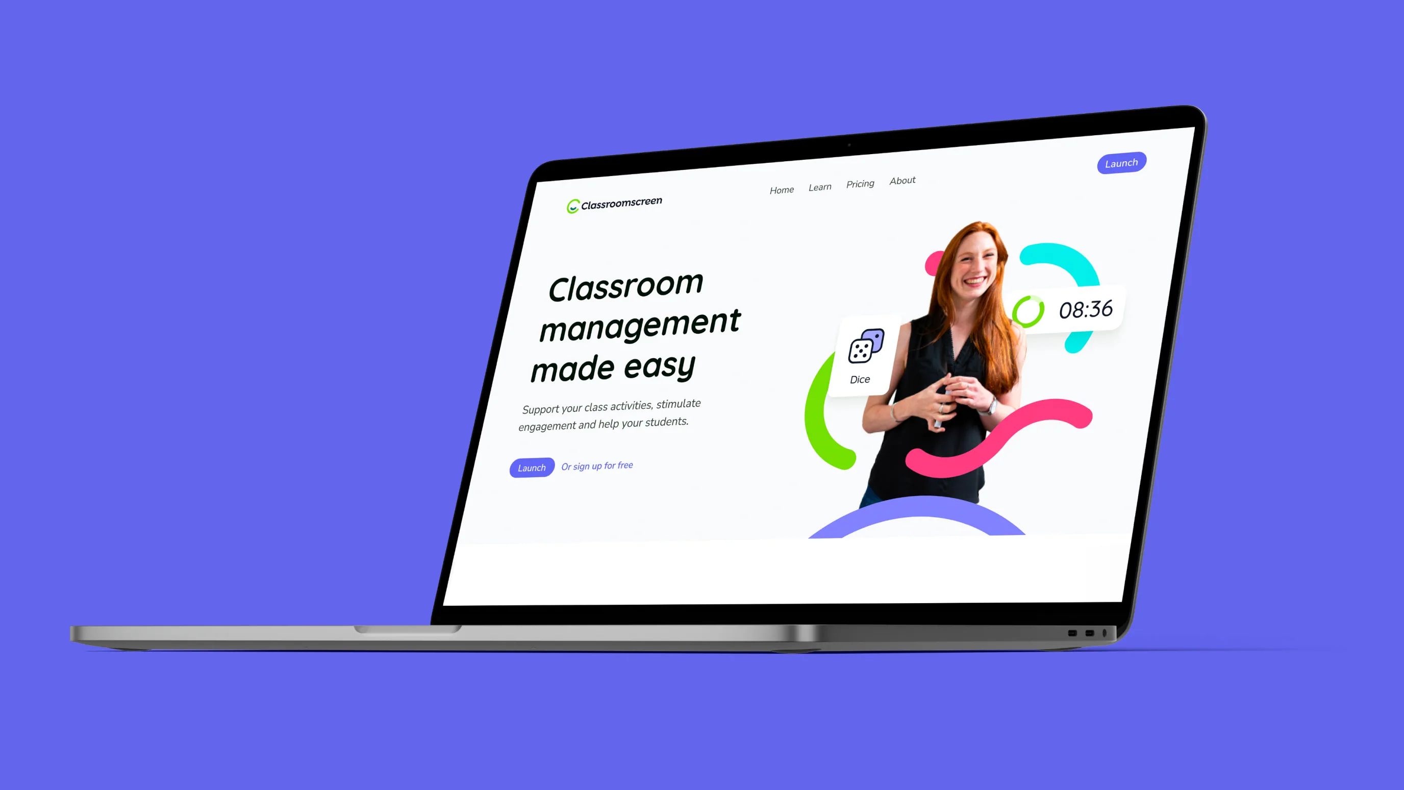 laptop in front of purple background, showing a suggestion of a Classroomscreen webpage design