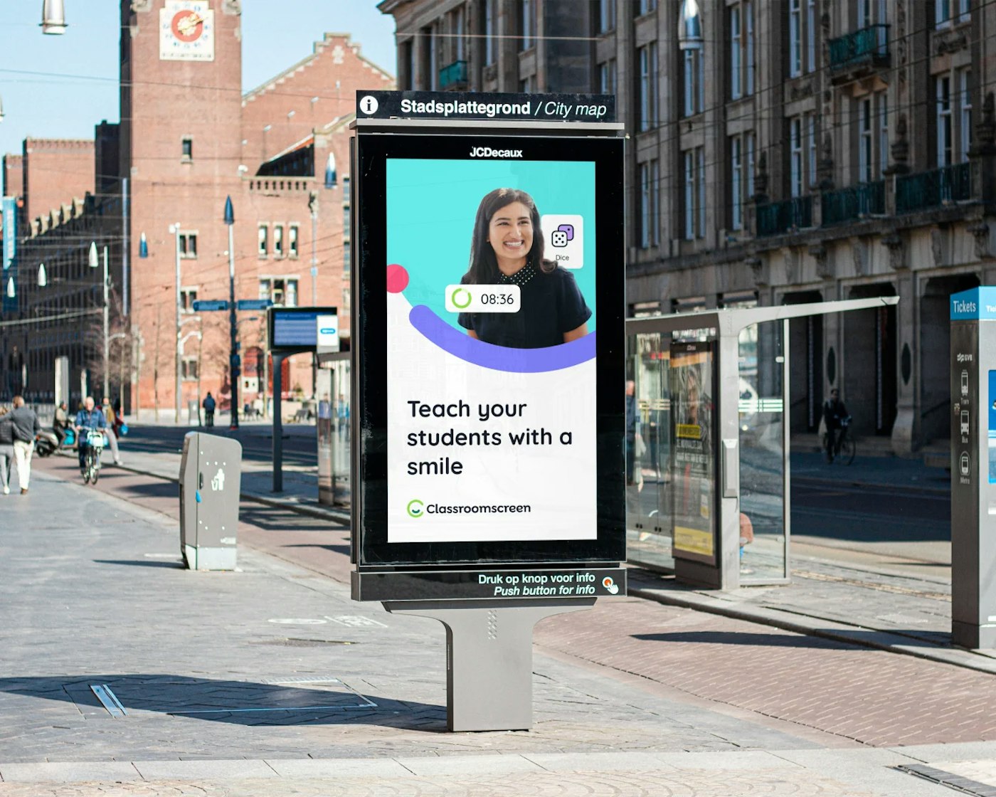 Amsterdam street Rokin with an billboard add of Classroomscreen