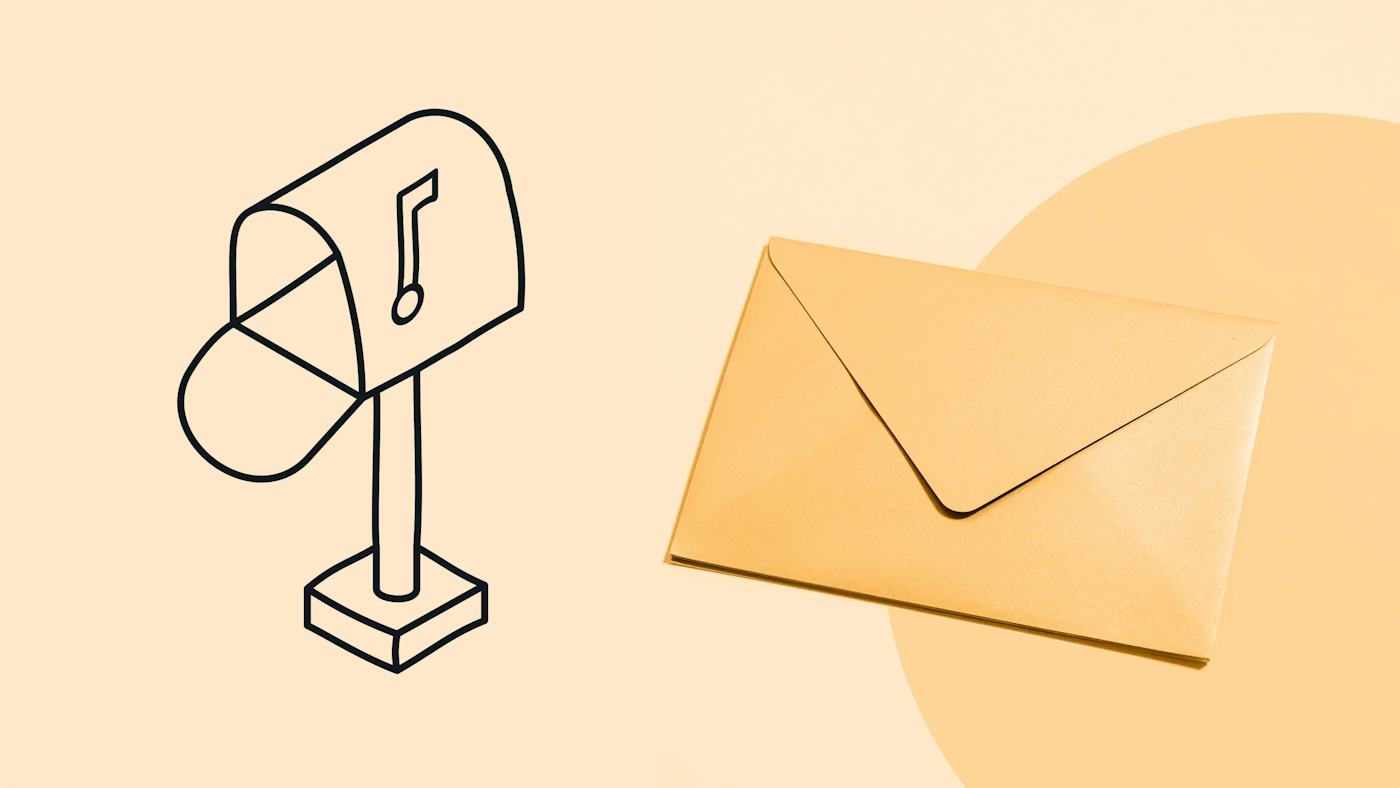 combined image that shows both a line illustration that depicts a mailbox and a beige colored enveloppe