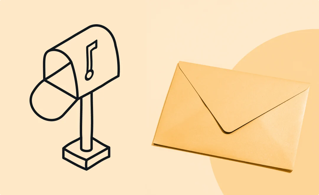combined image that shows both a line illustration that depicts a mailbox and a beige colored enveloppe