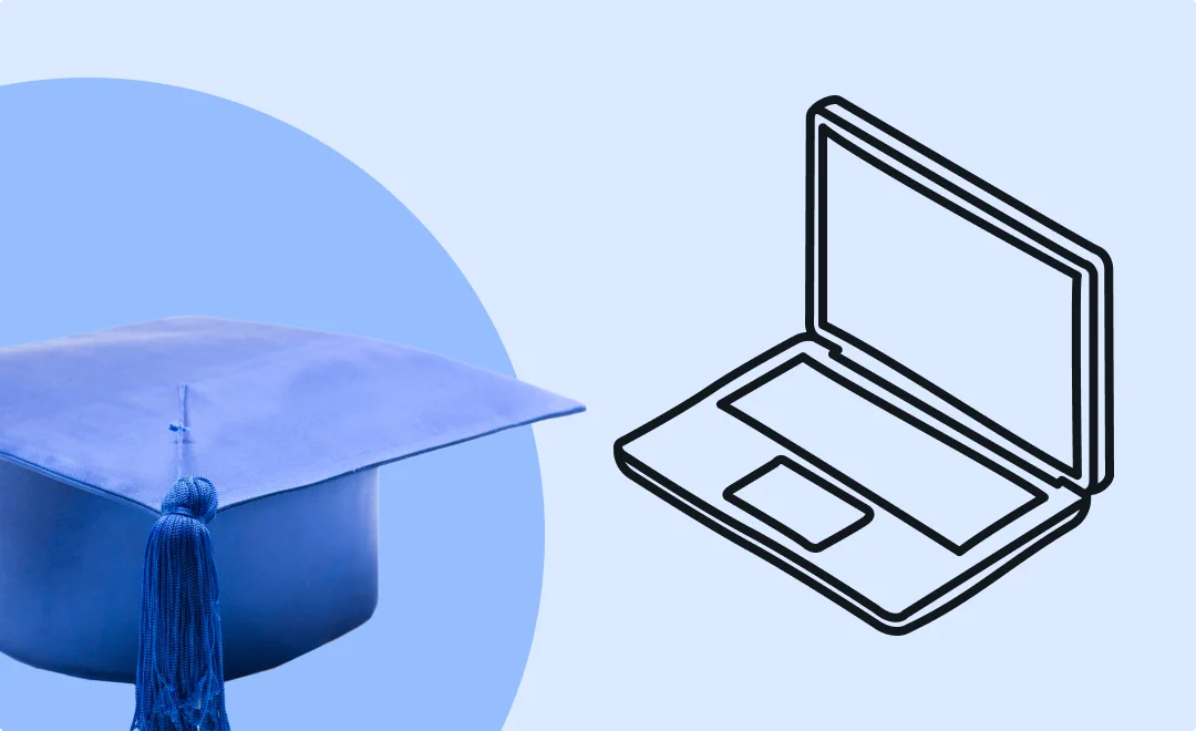 combined image that shows both a line illustration of laptop and a photo of a blue graduation cap