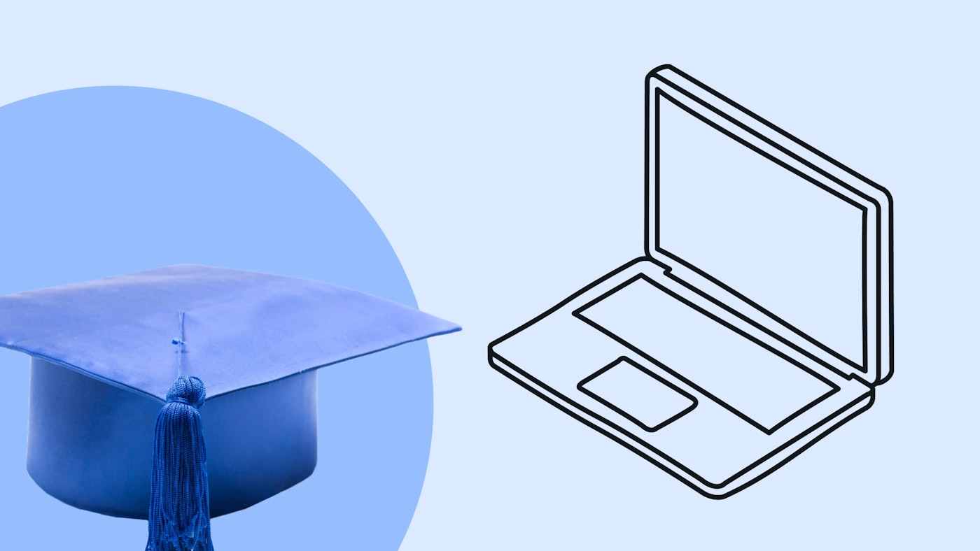 combined image that shows both a line illustration of laptop and a photo of a blue graduation cap