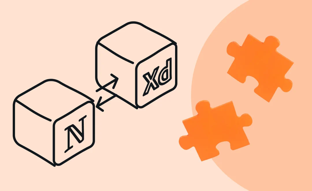 An image with light orange background that exists of line illustrations of a Notion app icon and Adobe XD app icon. These illustrations are combined with a picture of two bright orange puzzle pieces