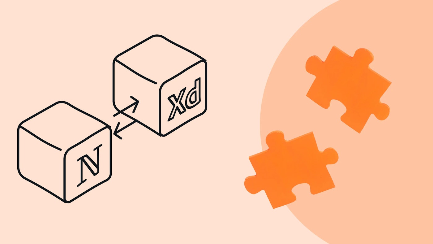 An image with light orange background that exists of line illustrations of a Notion app icon and Adobe XD app icon. These illustrations are combined with a picture of two bright orange puzzle pieces