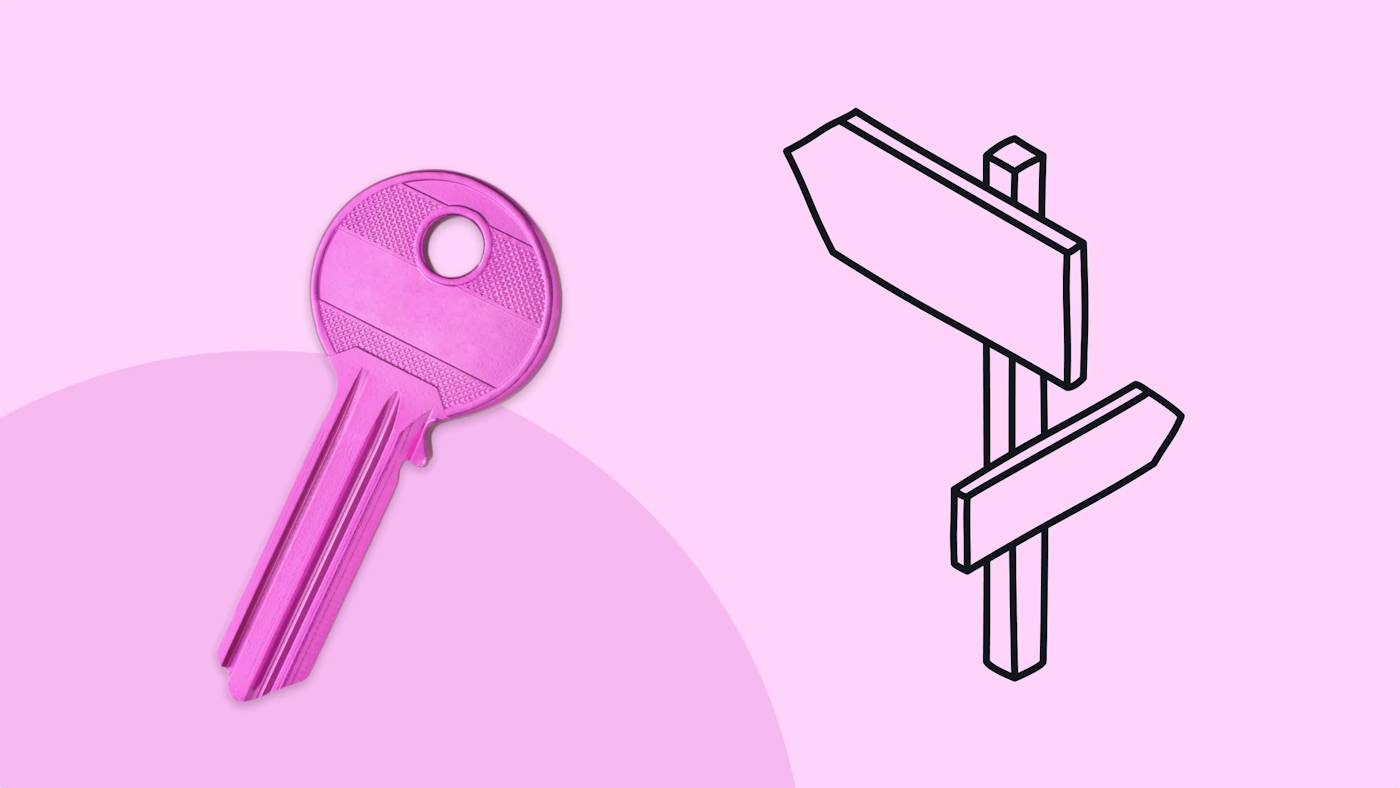 Combined image that shows both a line illustration of a sign post and a photo of a pink key on a light pink background