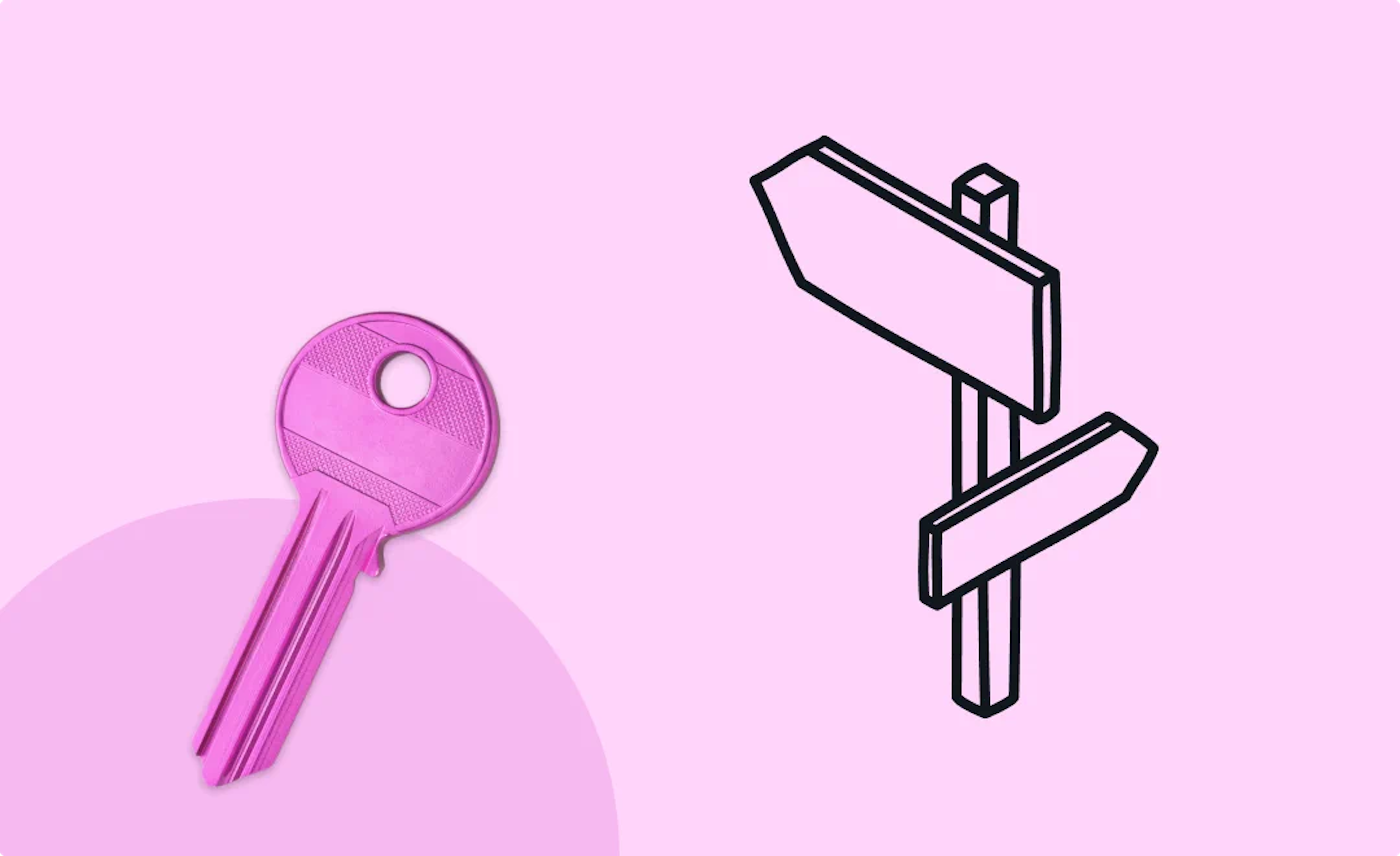 Combined image that shows both a line illustration of a sign post and a photo of a pink key on a light pink background