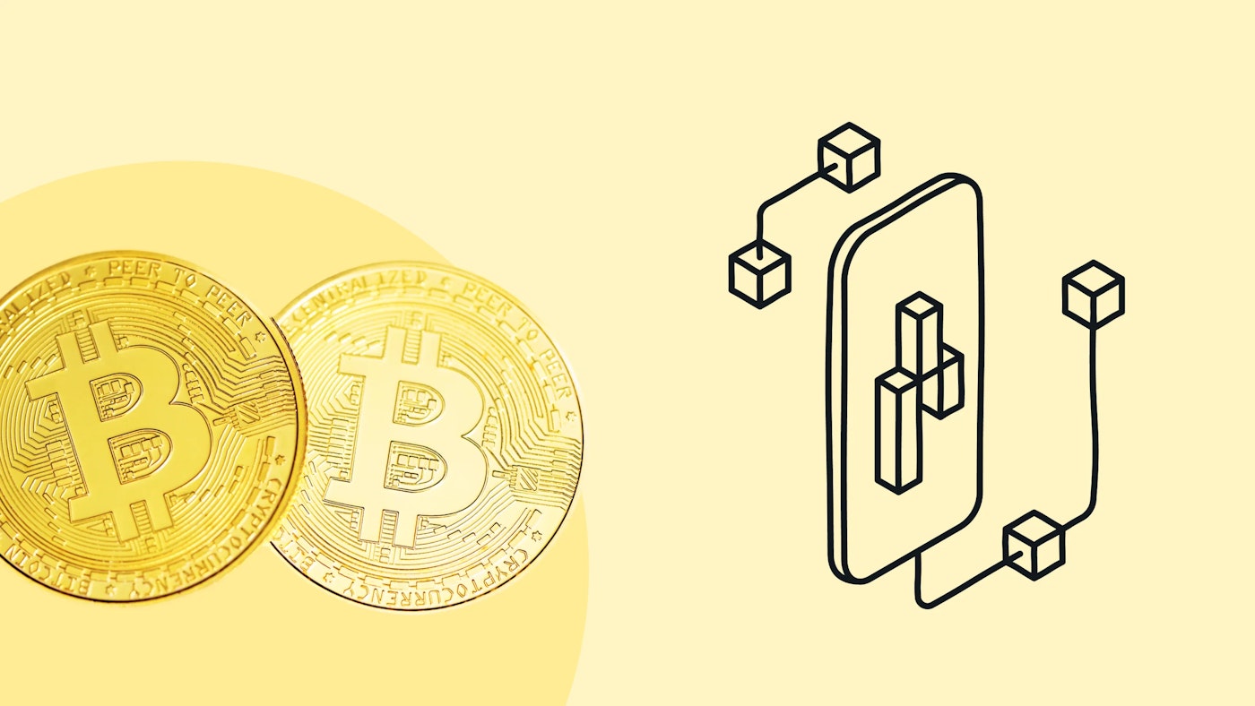 Combined image that shows both a line illustration of what a mobile device with 3d blocks and a photo of two bitcoin coins on a light yellow background