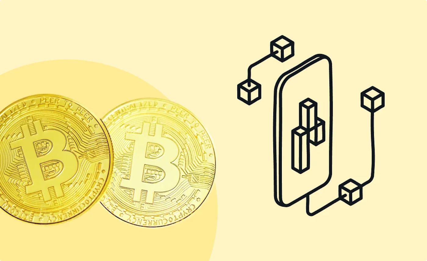 Combined image that shows both a line illustration of what a mobile device with 3d blocks and a photo of two bitcoin coins on a light yellow background