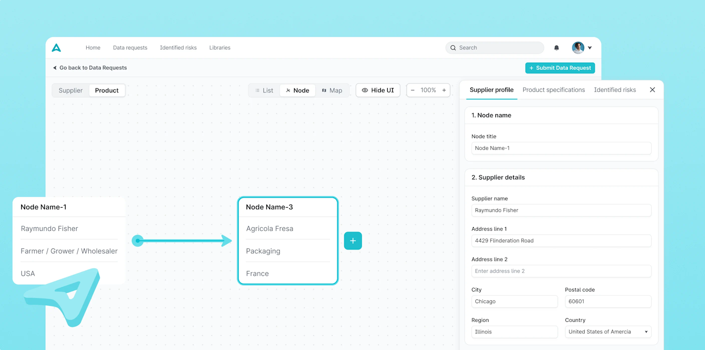 ImpactBuying node canvas with supplier profile container on the right