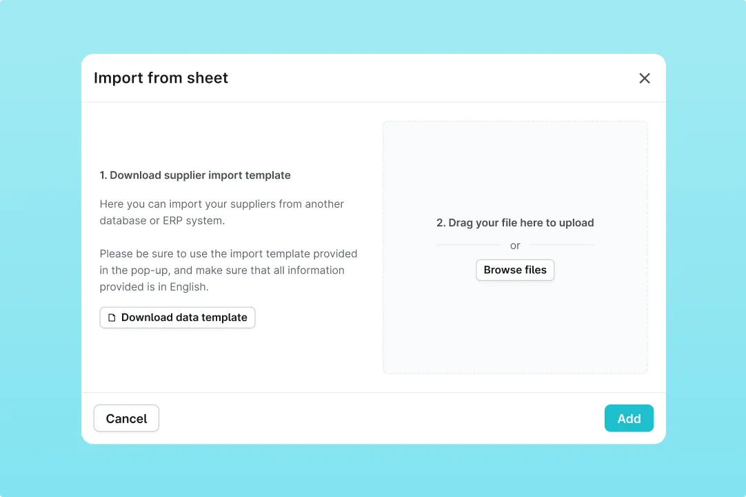 Modal where you can import data from a template sheet