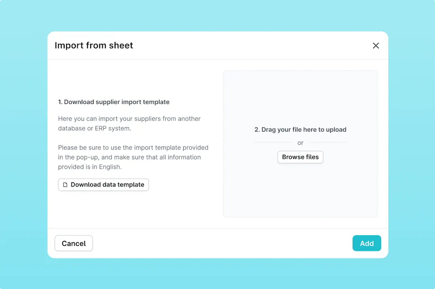Modal where you can import data from a template sheet