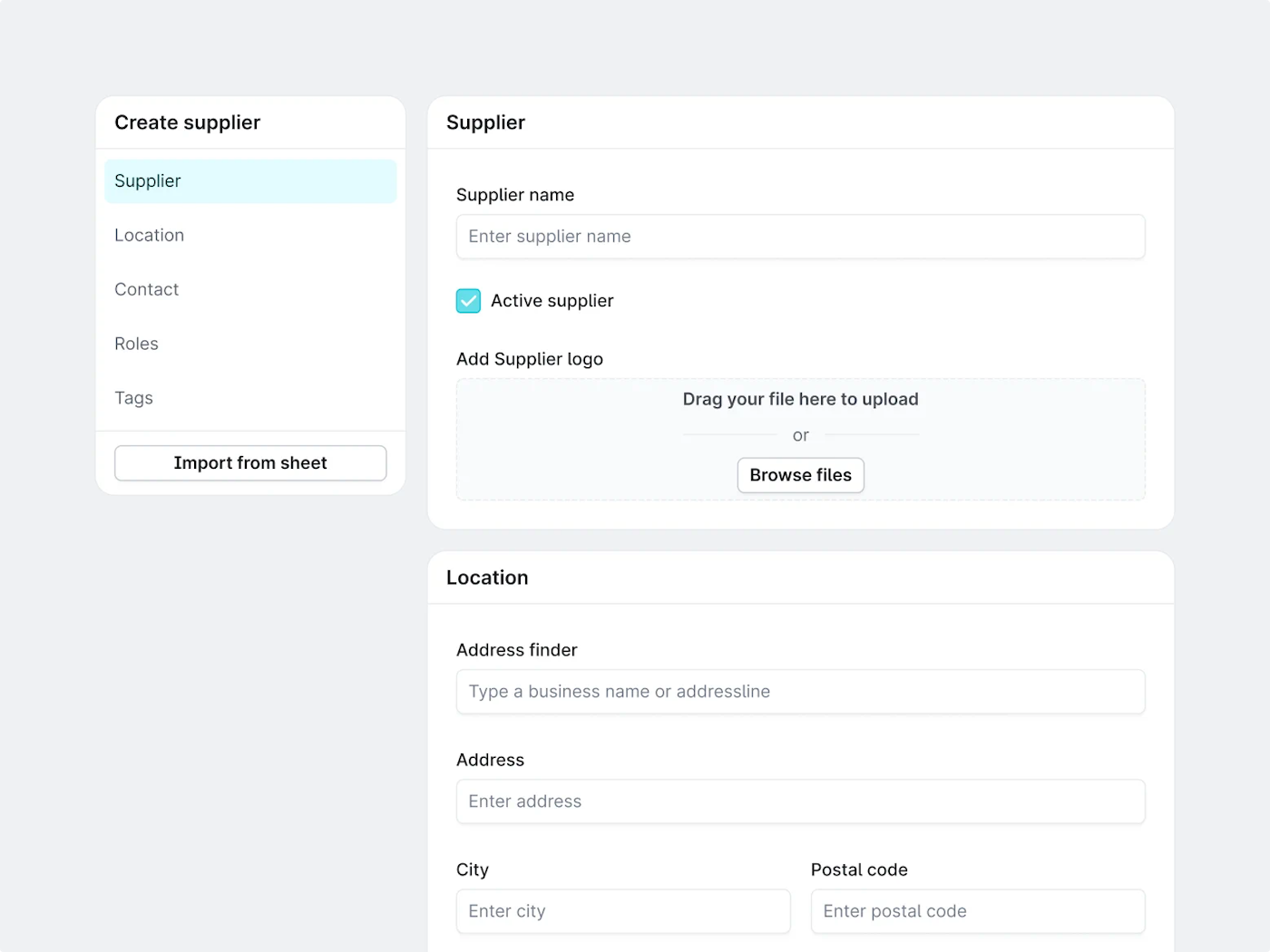 Part of the UI where you can create a new supplier