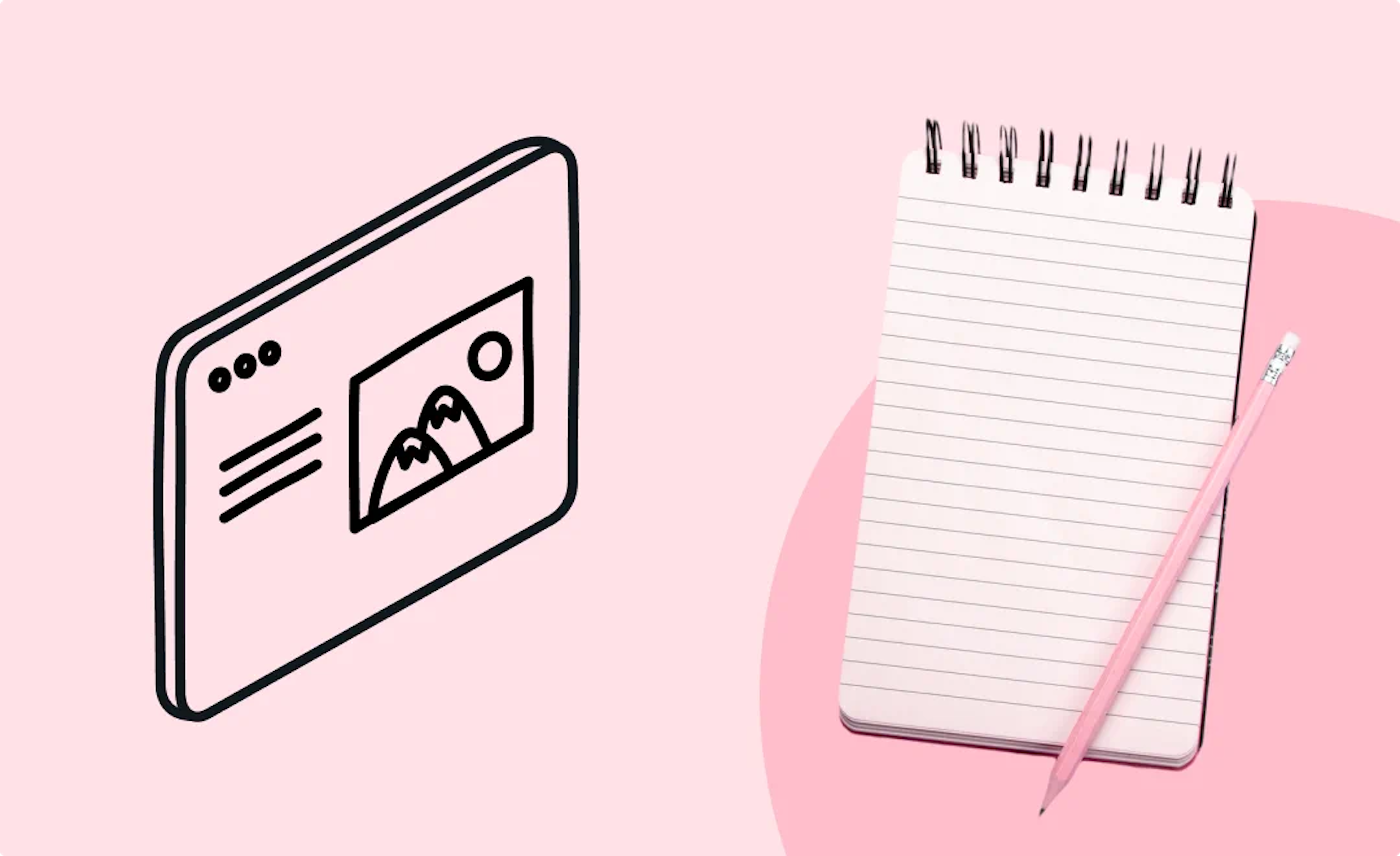 illustration simulating a wireframe and a note pad with a pen on top on a pink background