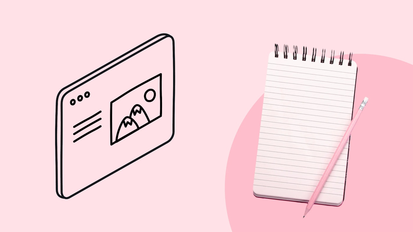 illustration simulating a wireframe and a note pad with a pen on top on a pink background