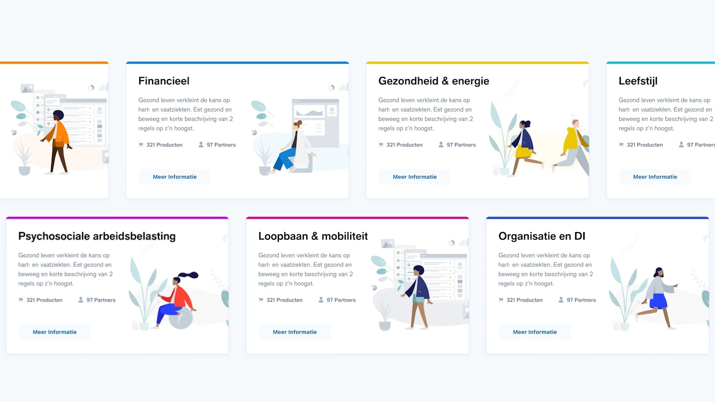 Interface cards taken from the Johan platform design by Yummygum, layed out next to eachother. Each card contanis a title and descption and shows an illustration of a person. Each card also has a line spanning over the width of the card, each set in a different color.