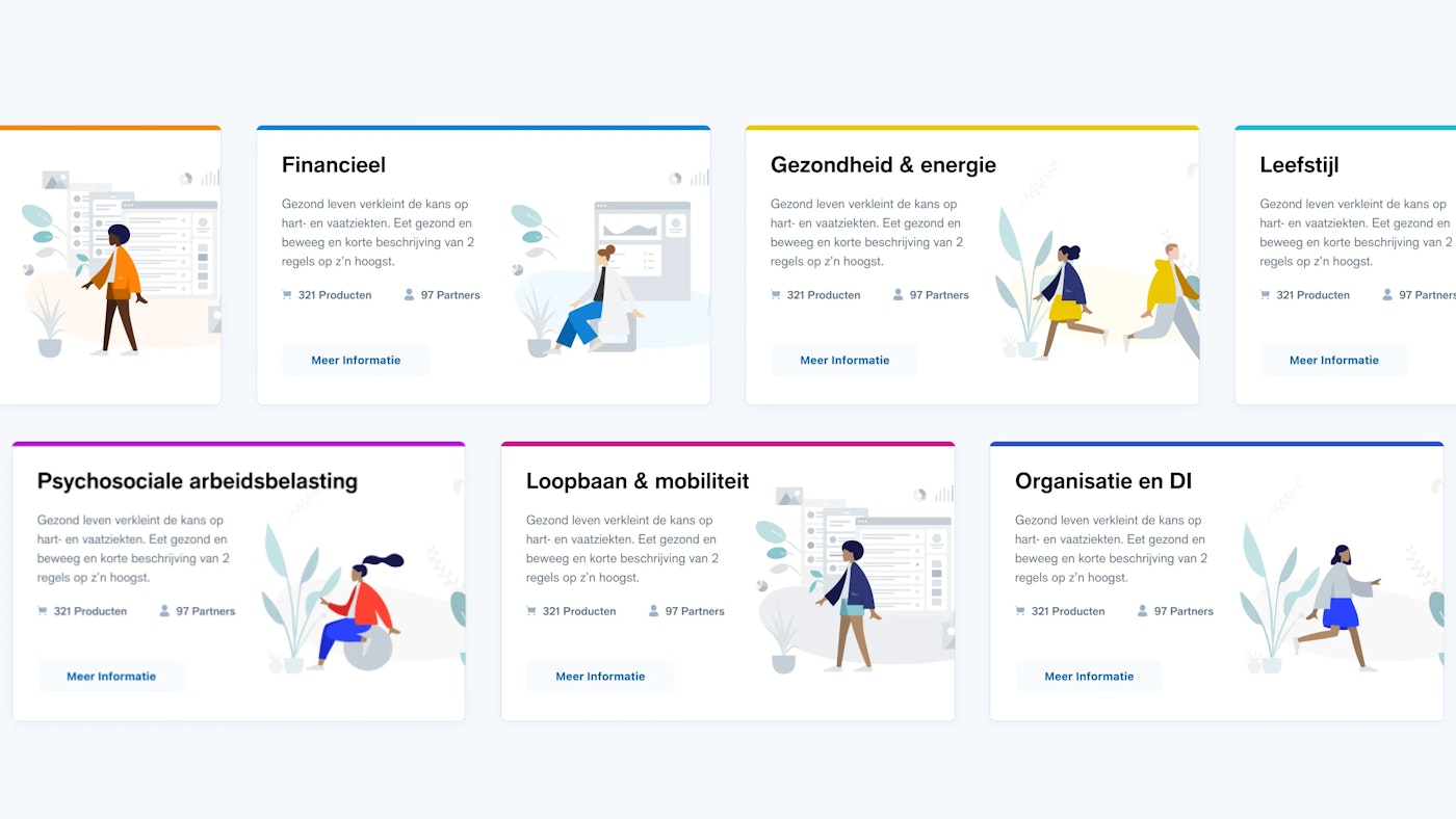 Interface cards taken from the Johan platform design by Yummygum, layed out next to eachother. Each card contanis a title and descption and shows an illustration of a person. Each card also has a line spanning over the width of the card, each set in a different color.