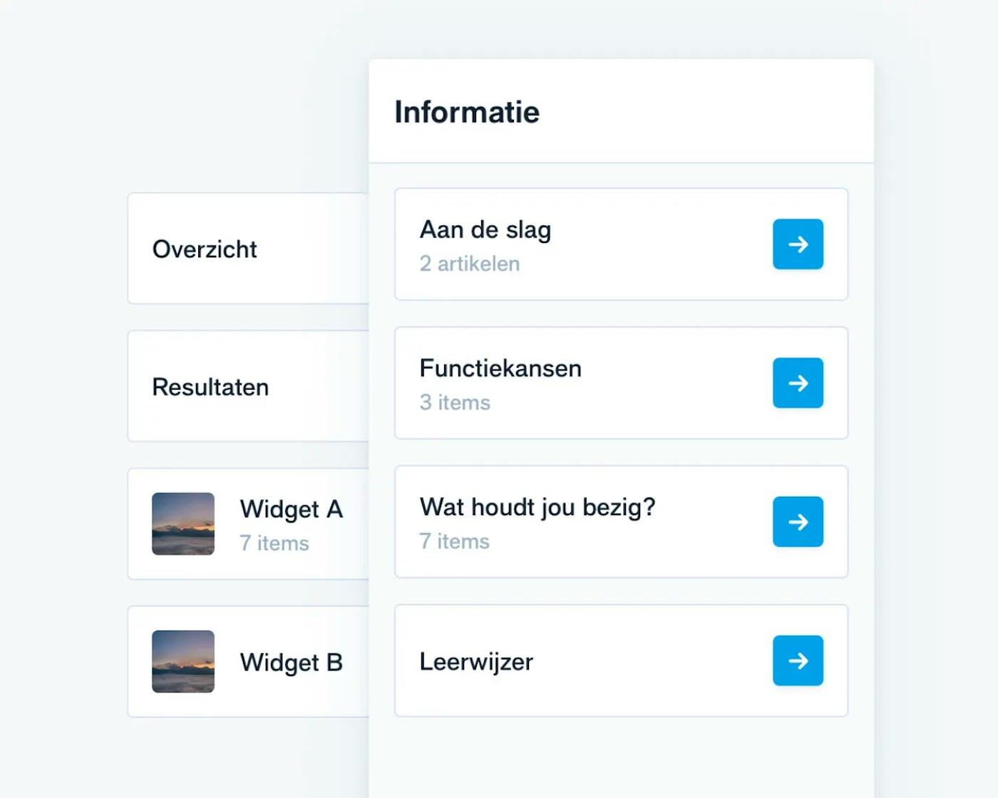 Two interface snippets Yummygum design for the Johan platform, of which one is partially obstructing the other one.  The two snippets show white containers with text. Some of them have a square photo and a square blue button on them.