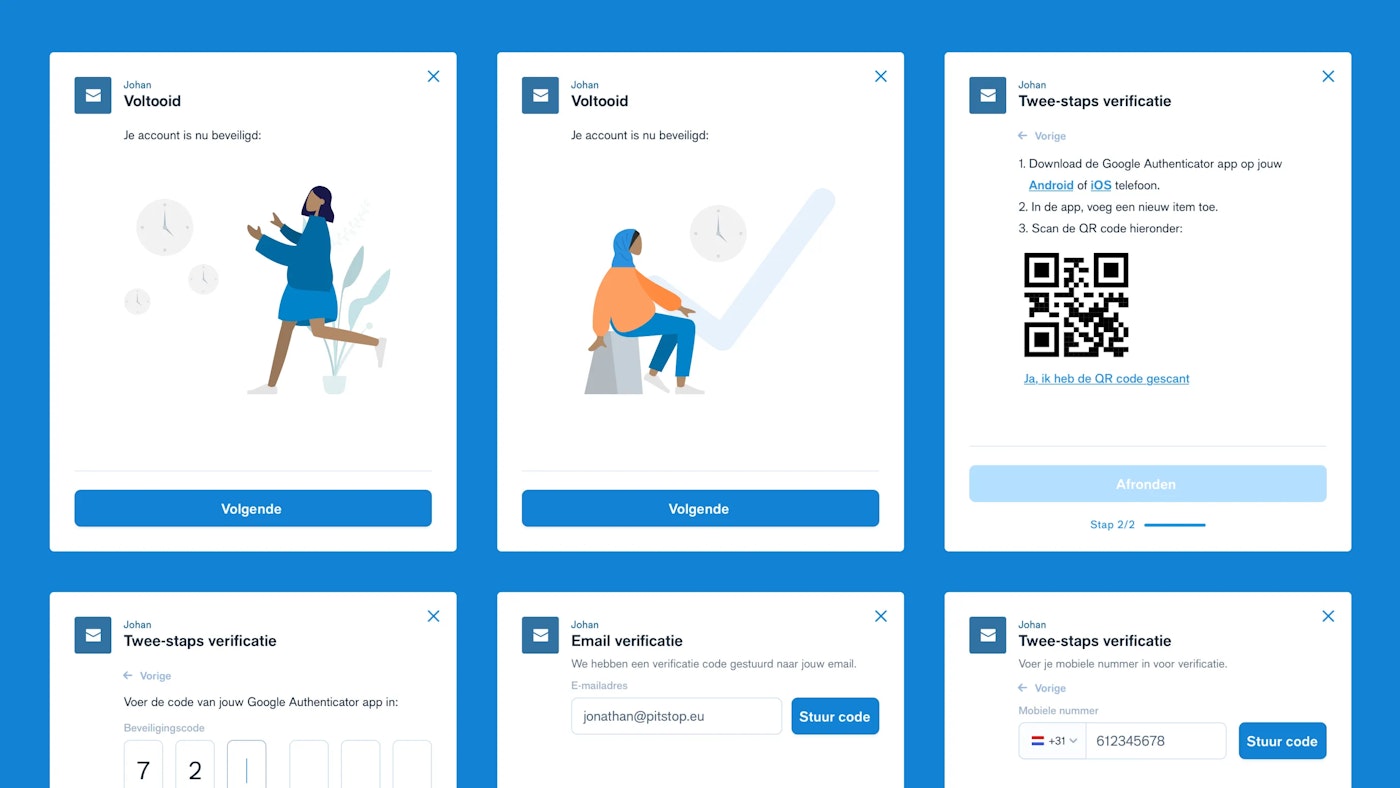 A blue background image showing six snippets from the Johan interface layed out in a two row, three column grid. The bottom row is only partially visible. The interface is part of Johan's onboarding process. The snippets each show a variety of illustrations, blue buttons, a QR code and input fields.