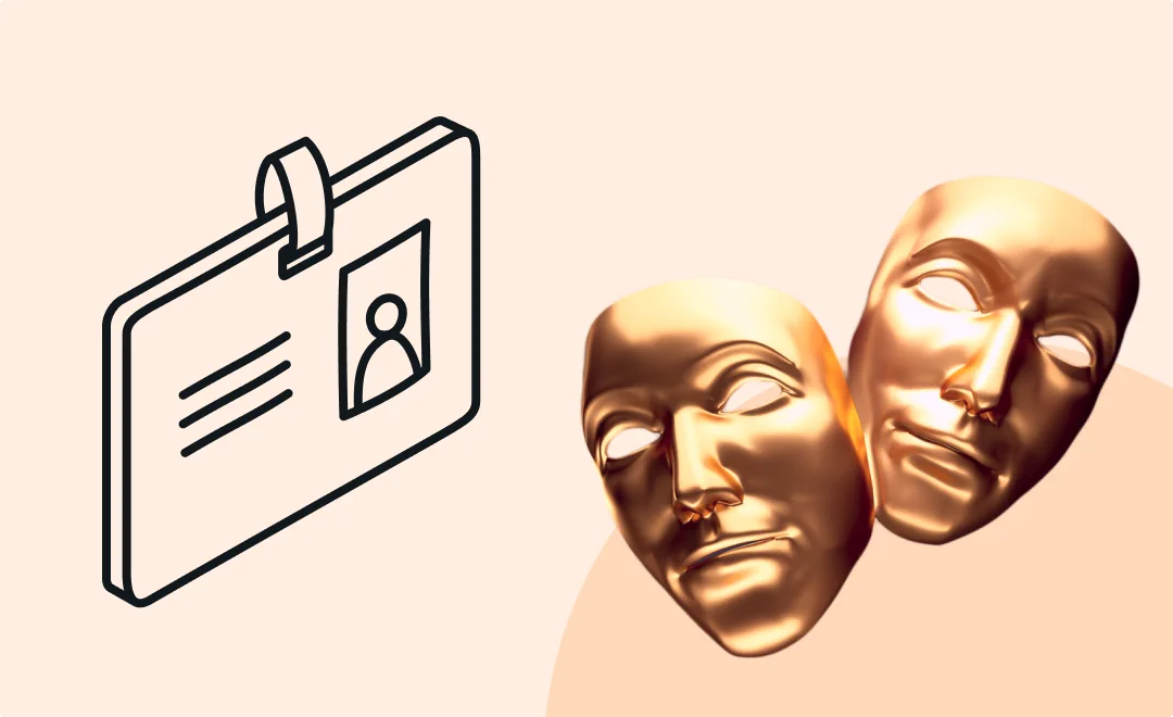 Illustration of a contact slash business card and a photo of golden theatre masks