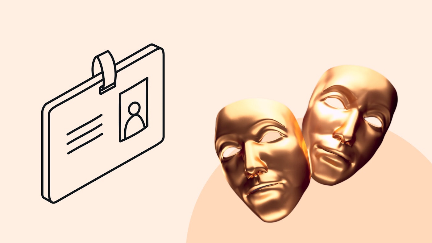 Illustration of a contact slash business card and a photo of golden theatre masks
